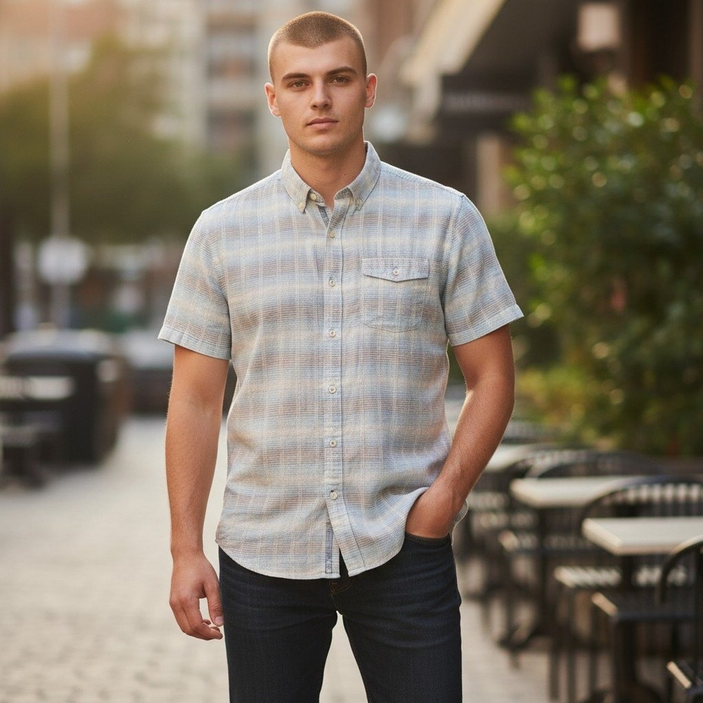Tommy Bahama Short Sleeve Shirt Large Blue Striped Cotton Blend Button Down‎